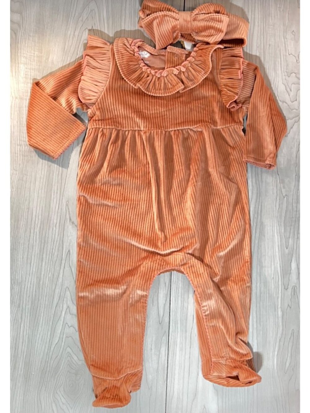 Mud Pie peach velour footed sleeper headband SET 3m 6m NWT ruffle romper ribbed